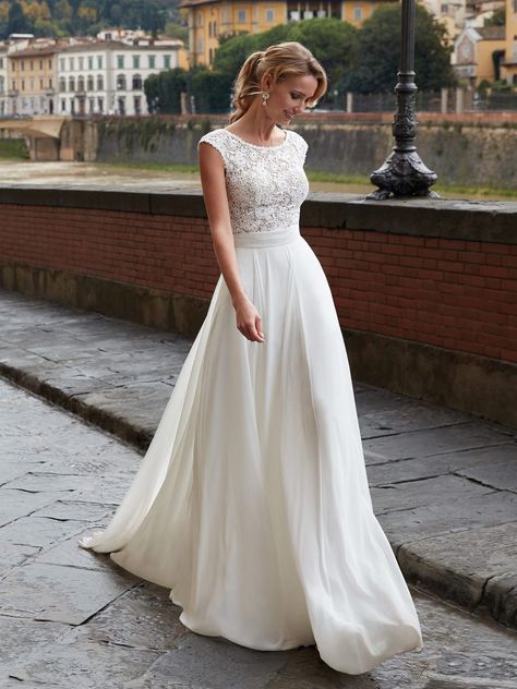 Marvelous, sleek, chiffon gown with a short-sleeved bodice entirely in guipure and chantilly lace. Simple Wedding Dress Short, Boho Chic Wedding Dress, Short Sleeve Wedding Dress, Modest Wedding Gowns, Chic Wedding Dresses, Chiffon Wedding Dress, Boho Chic Wedding, Designer Bridal Gowns, Blue Wedding Dresses