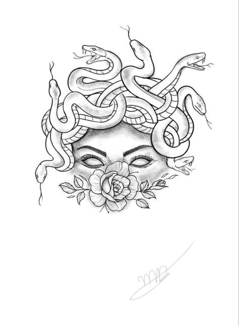 Medusa Drawing Reference, Medusa Mirror Tattoo, Black And White Medusa Tattoo, Medusa Throat Tattoo, Medusa Tattoo Ideas For Women, Medusa Card Tattoo, Family Drawn Tattoo, Medusa Tattoo Design For Women, Simple Medusa Tattoo