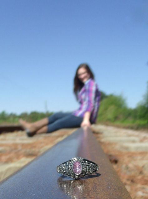 College Ring Ceremony, Senior Pictures Railroad Tracks, Class Rings For Girls, Ring Poses, Railroad Track Pictures, Track Photography, Senior Rings, Ring Photoshoot, Boy Senior Portraits