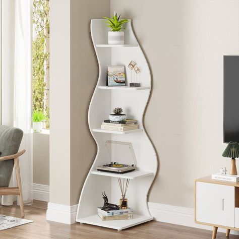 Wall Corner Shelves, Small Corner Shelves, Corner Bookshelf, Shelf Modern, Wall Corner, Corner Bookshelves, Small Bookcase, House Deco, White Bookcase