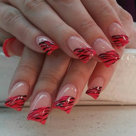 Red Nails 2000s, Red Zebra Print Nails, Red Zebra Nails, Red And Black Zebra Nails, Y2k Zebra Nails, 2000s Zebra Nails, Retro Nails, Purple Nail Designs, Duck Nails