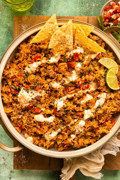 Mexican Beef and Rice Skillet with Queso Cheese: One Pan Hero! - No Spoon Necessary Queso Rice, Mexican Beef And Rice Skillet, Rice With Ground Beef, Beef And Rice Skillet, Queso Cheese Dip, Mexican Steak, Steak And Rice, Rice Skillet, Mexican Beef