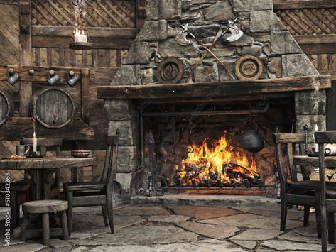 Fantasy medieval tavern inn background with large fireplace. 3d rendering Stock Illustration Fireplace Medieval, Medieval Fireplace, Fantasy Tavern, Medieval Tavern, Large Fireplace, 3d Rendering, Adobe Stock, Stock Illustration, Fireplace