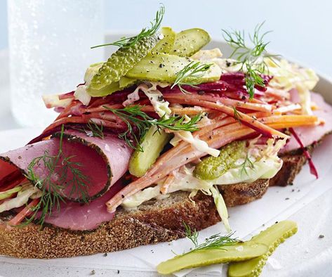 Turkey Pastrami, Reuben Sandwich Recipe, Open Sandwiches, Rare Roast Beef, Beetroot Relish, Open Sandwich, Slow Roast Lamb, Egg And Cheese Sandwich, Creamy Scrambled Eggs