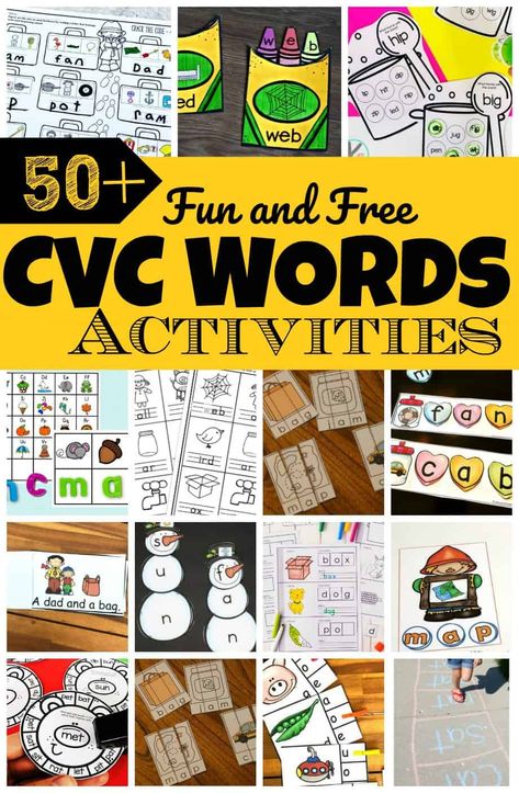 Whether you're teaching preschool, pre k, kindergarten, or first graders, you're bound to be needing tons of ideas for teaching CVC words. We have lots of  creative, and free printable CVC Words Activities to keep kids engaged and having fun learning!  We've included hands-on many cvc word activity ideas, free CVC words worksheets, and CVC words games so as to provide educational activities and learning opportunities all year round! Cvc Word Activities Free, Cvc Word Activities Free Printable, Consonant Blends Games, Cvc Worksheets Free, Free Sight Word Games, Cvc Words Activities, Cvc Worksheets Kindergarten, Teaching Cvc Words, Free Phonics Activities