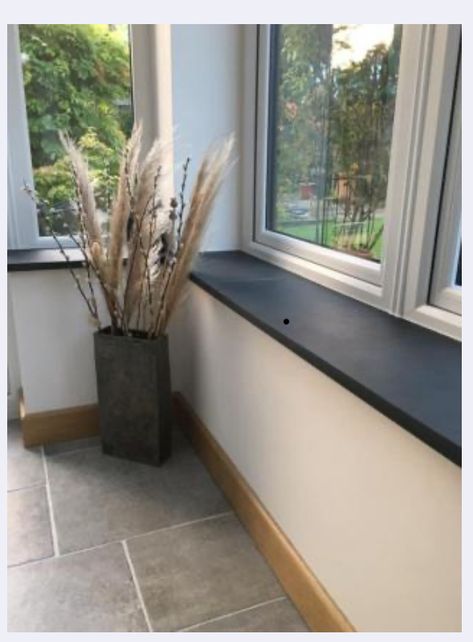 Black Window Sills Interior, Black Window Sills, Kitchen Window Sill Ideas, Slate Steps, Kitchen Window Sill, Black Window, Black Interior Design, Window Sills, Downstairs Toilet