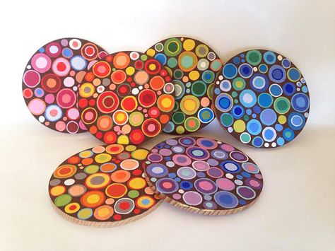 Colorful coasters hand painted wooden coasters set by Essenziale Wooden Coasters Diy, Wood Coasters Diy, Coaster Art, Cool Coasters, Cute Coasters, Diy Coasters, Diy Pottery, Coaster Design, How To Make Diy