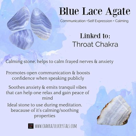 Crystal Bae💜 on Instagram: “Good Evening! Here's an info card for Blue Lace Agate! A very soothing and calming stone linked to the Throat chakra🦋. Happy reading🤓 . . .…” Blue Lace Agate Meaning, Psychic Crystals, Crystal Grimoire, Agate Meaning, Speak Your Truth, Witch Craft, Gemstone Properties, Crystals Healing Properties, Spiritual Crystals