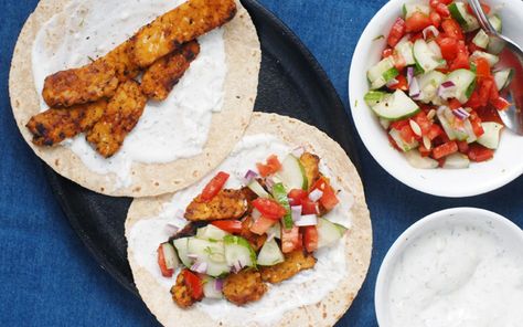 Marinated Tempeh Gyro Tacos With Cucumber Salsa [Vegan, Gluten-Free] - One Green Planet Tempeh Marinade, How To Cook Tempeh, Vegan Greek Yogurt, Marinated Tempeh, Cucumber Salsa, Tempeh Recipes, Gluten Free Tortillas, Greek Flavors, Green Planet