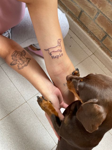 Sausage dog tattoo Dog Leg Tattoo, Sausage Dog Tattoo, 24 Tattoo, Dachshund Tattoo, Small Matching Tattoos, Dog Leg, Tattoos Women, Leg Tattoos Women, Dog Tattoo