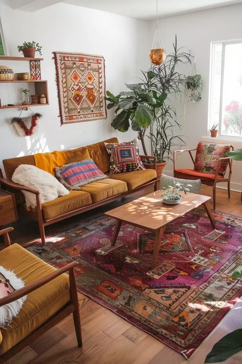 Boho Studio Apartment Ideas, Mid Mod Boho, Midmod Boho, Clever Storage Ideas, Living Room Design Boho, Warm Hoodies, Boho Mid Century Modern, Autumn Tops, Contemporary Living Room Design