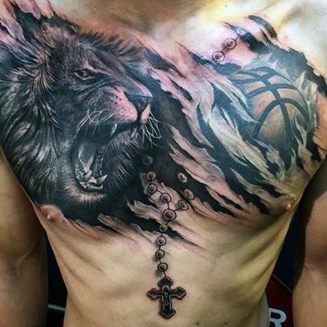 Chest Tattoo Cover Up, Lion Chest Tattoo, Ripped Skin Tattoo, Cover Up Tattoos For Men, Arm Tattoos Black, Best Neck Tattoos, Tattoo Lion, Mens Lion Tattoo, Chest Ideas