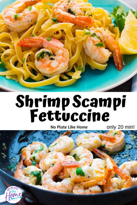 This is a tasty 20 min meal that's full of garlic flavor! This Easy Shrimp Scampi recipe is made with wine, lemon and olive oil. It's great for weeknight dinners, meals for two-four and Lenten dinners. Add it to your list of quick meals! Pin for later. Tiger Shrimp Recipes Dinners, 20 Min Meal, Easy Shrimp Scampi Recipe, Easy Shrimp Scampi, Seafood Menu, Shrimp Scampi Recipe, Scampi Recipe, Appetizers For A Crowd, Easy Shrimp