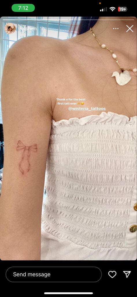 Dainty Feminine Tattoos Classy, Light Feminine Tattoo, Dainty Girly Tattoos, How Tattoo, White Bow Tattoo, Holly Lim Tattoo, Bow Tattoo Aesthetic, Dainty Ribbon Tattoo, Simple Bow Tattoo