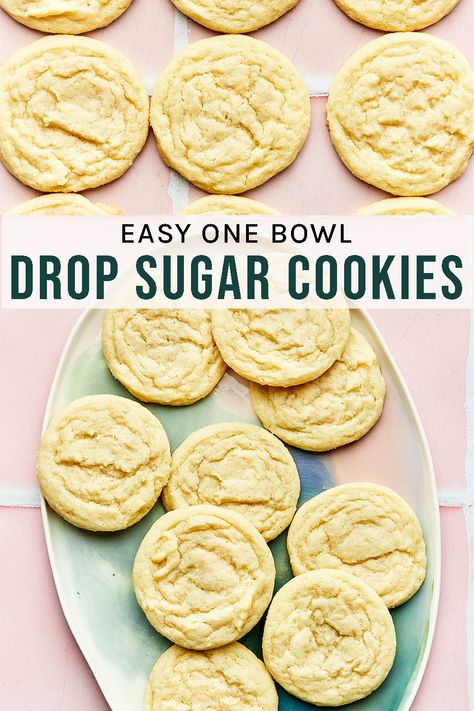 Drop Sugar Cookies A one-bowl scoop and bake cookie, these drop sugar cookies are the best speedy cookie. No chilling, no icing, just cookies! Almost as fast as pre-made cookie dough but tastes so much better. Sugar Cookie Drop Cookies, Drop Sugar Cookie Recipe Easy, Soft Sugar Cookie Recipe No Chill, Easy One Bowl Cookies, No Baking Powder Cookies, No Vanilla Extract Cookies, Fast And Easy Cookies, No Chill Christmas Cookies, Drop Sugar Cookies Easy