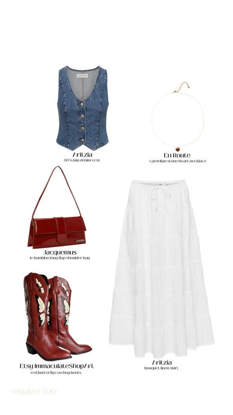 red cowboy boots outfit Country Wife Outfit, White Skirt And Denim Vest, Rodeo Skirt Outfit, Lace Skirt Cowboy Boots, Red Clay Strays Concert Outfit, Long Skirt Country Outfit, Zach Bryan Concert Outfit Fall, Long Red Skirt Outfit Summer, White Maxi Skirt Cowboy Boots