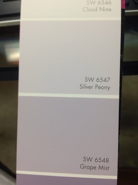 Silver peony sherwin Williams Sw Silver Peony, Grape Mist Sherwin Williams, Silver Peony Sherwin Williams, Sherwin Williams Silver Peony, Sherwin Williams Purple Paint Colors, Sherwin Williams Silver, Nursery Color, Dining Room Paint, Purple Rooms