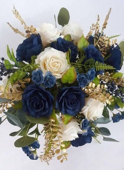 Gold Bridal Bouquet, Gold Wedding Bouquets, Ivory Bridal Bouquet, Navy Blue And Gold Wedding, Gold Wedding Flowers, Blue Gold Wedding, Gold Bouquet, Starry Night Wedding, Bouquet Rose