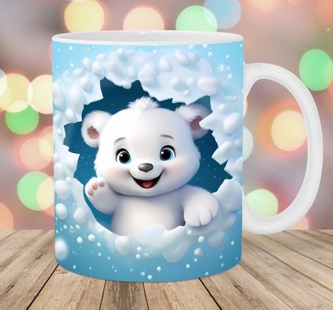 3d Polar Bear, 3d Mugs, Winter Mug, Bore Hole, Mug Template, Mug Sublimation, Clay Mugs, Mug Wrap, Cute Mugs