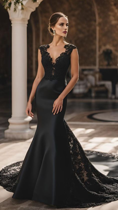 A stunning bride in an elegant black wedding dress, featuring intricate lace and sleek satin, making a bold and stylish statement. Black Bride Dress Aesthetic, Satin Black Wedding Dress, Classy Black Wedding Dress, Old Hollywood Dress Gowns, Black Wedding Gowns The Bride, Black Gala Dresses, Black Satin Wedding Dress, Simple Black Wedding Dress, Bride Black Dress