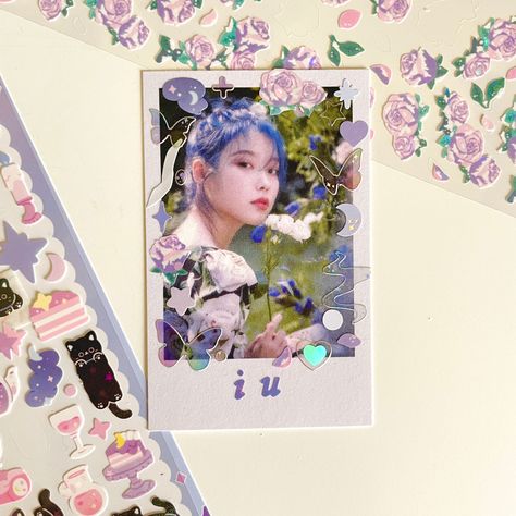 decorated IU polaroid Decorated Polaroid Pictures, Decorated Polaroid, Iu Polaroid, Photocard Deco, Pc Ideas, Toploader Deco, Sticker Inspo, Kpop Journal, Photo Card Template