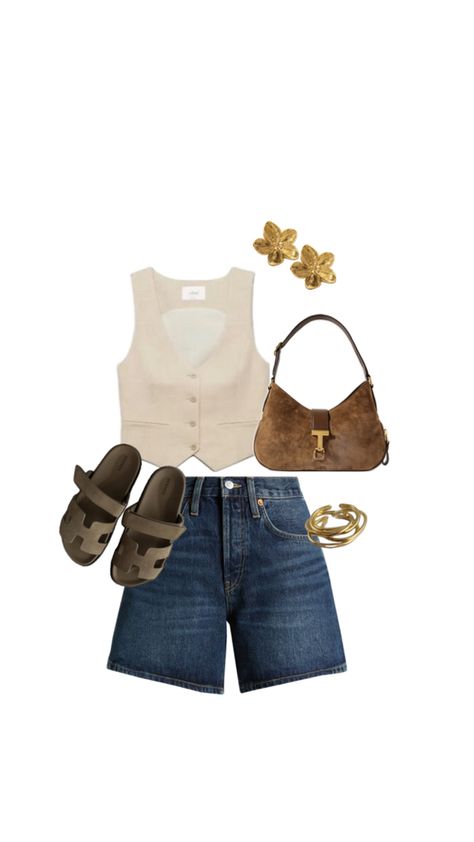 Summer outfit, cream waist coat with dark denim blue shorts, gold flower earrings, shoulder bag and sandals as summer outfit inspiration Coat Summer Outfit, Waist Coat, Day Outfit, Dream Wardrobe, Girls Trip, Summer Outfit, Simple Style, Effortless Style, Outfit Of The Day