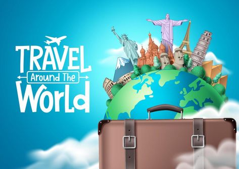 Travel the world vector design. Travel around the world text with traveler suitcase elements and worldwide landmarks destination for trip and tour vacation. Vector illustration Travel World, Famous Landmarks, Travel The World, World Traveler, Tourist Destinations, Vector Photo, Travel Around The World, Travel Around, Travel Luggage