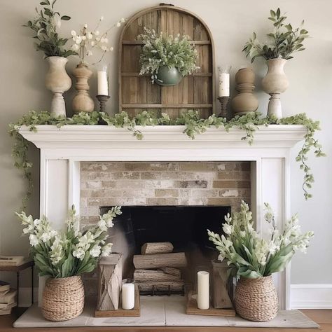 Farmhouse Decor Fireplace Mantles, Rustic Fireplace Decor, Fireplace Hearth Decor, Fire Mantel, Farmhouse Mantel Decor, Tuscan Living Rooms, Diy Fireplace Mantle, House Fireplace, Mantel Decorating Ideas