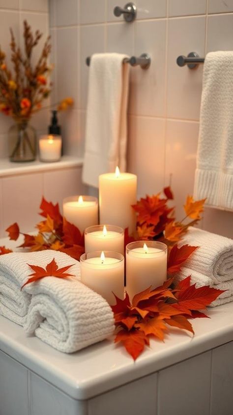 5 Creative Fall Bathroom Decor Ideas to Refresh Your Space Autumn Bathroom Decor, Fall Bathroom Decor Ideas, Cozy Colors Palette, Fall Bathroom Decor, Unique Decor Ideas, Safe Candles, Fall Bathroom, Wooden Soap Dish, Cozy Throw Blanket