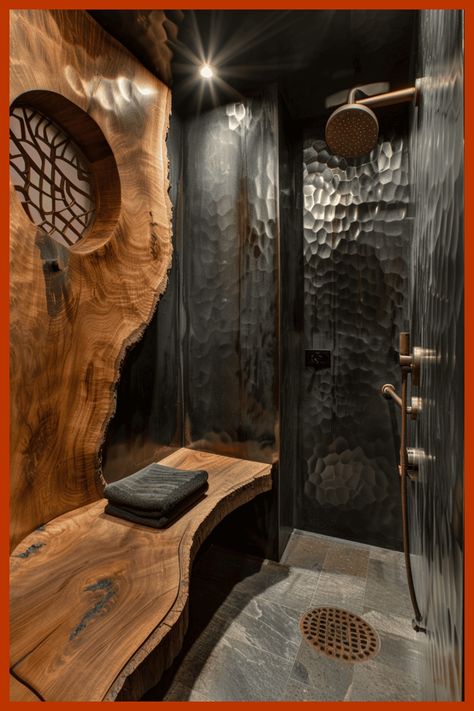 Discover the beauty of walk-in showers in small bathrooms Rock Showers Walk In, Brick Walk In Shower Ideas, Long Walk In Shower No Door, Walk In Double Shower Ideas, Cave Shower Walk In, Stone Walk In Shower Ideas, Dark Shower Room, Open Shower Ideas Walk In, Shower Small Bathroom Ideas