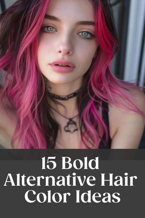 Woman with pink-dyed hair and striking blue eyes, suggesting bold alternative hair color ideas. Dark Hair With Colored Money Piece, Spooky Hair Color Short Hair, Color Blocking Hair Ideas, Punk Rock Hair Color Ideas, Cool Tone Vivid Hair Color, Halo Vivid Hair Color, Colour Block, Coloured Tips Hair, Hair Color Blocking