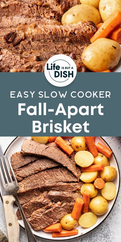 The most delicious, fall apart homemade brisket recipe that can easily be made in the slow cooker or Instant pot! The combination of spices, tangy sauce, and beef brisket cooked low and slow (or pressure cooked nice and quick),makes this a melt in your mouth brisket that is sure to please your tastebuds. A perfect holiday main dish for Christmas that's also easy enough for anytime! Hanukkah Brisket Recipes, Brisket Instant Pot, Christmas Brisket, Crock Pot Brisket, Instant Pot Beef Brisket, Beef Brisket Slow Cooker, Slow Cooker Brisket Recipes, Brisket Crock Pot, Slow Cooked Brisket