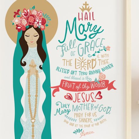 Hail Mary Prayer — Kids Room Art Help your little ones have a devotion to Our Lady of the Rosary with this fun Hail Mary Prayer Wall Art. It is artistically done with hand written fonts and fun colors to keep your kids focused on this beautiful prayer that is central to our faith. In our "Hail Mary - Flowers," version, a colorful crown of flowers sits delicately above Our Lady's gentle face while she holds her rosary. Our "Hail Mary - Baby Jesus" version portrays Our Lady as a loving Mother ... Hand Written Fonts, Written Fonts, Our Lady Of Rosary, Mary Flowers, Alter Ideas, Crown Of Flowers, Our Lady Of The Rosary, Hail Mary Prayer, Lady Of The Rosary