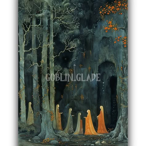 Enchanted Forest - People In The Woods - Elves Wall Art Printable Art Magical Art Fantasy Painting Mythical Nature Mystical Artwork Print ⭐ ABOUT Obtain a digital copy of this painting, ideal for creating atmospheric wall displays. This digital artwork is meticulously crafted, enhanced, and upscaled to ensure the highest quality and resolution. Elevate your space with captivating wall art! Let your walls reflect your style. Find pieces that inspire conversation. Transform your home into a haven Mystical Forest Aesthetic, Elves Painting, Enchanted Forest Painting, Mythical Art, Forest People, Forest Mural, Woodland Art, Wood Elf, Fairytale Illustration