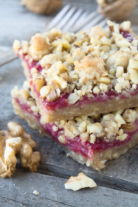 Walnut Shortbread, Vegan Rhubarb, Walnut Bars, Cranberry Curd, Rhubarb Bars, Bars Cookies, Cranberry Bars, Cranberry Dessert, Raspberry Bars