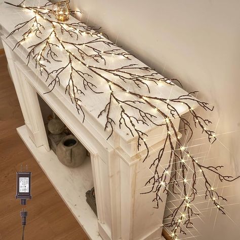 Amazon.com: LITBLOOM Lighted Brown Garland 6FT 120 LED Fairy Lights Plug in, Willow Vine Garland with Lights for Indoor Outdoor Home Fireplace Wall Easter Christmas Decoration : Home & Kitchen Twig Garland, Garland With Lights, Winter Fireplace, Vine Garland, Holiday Dining Table, Bark Texture, Christmas Fireplace Decor, Unique Christmas Decorations, Christmas Mantel Decorations