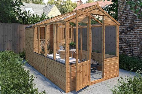 Shed Extension, Timber Greenhouse, Wooden Greenhouse, Buy Greenhouse, Traditional Greenhouses, Tongue And Groove Cladding, Wooden Storage Sheds, Wooden Greenhouses, British Garden