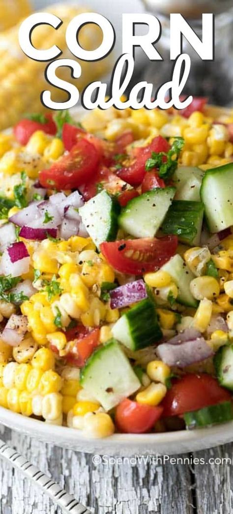 This easy Summer corn salad is one of our favorites! Sweet corn off the cob, crisp cucumbers and ripe juicy garden tomatoes. The corn salad dressing is quick, easy and delicious to make! #spendwithpennies #summersalad #cornsalad #sidedish #salad #cornrecipe Corn Salad Dressing, Corn Off The Cob, Easy Corn Salad, Fresh Corn Salad, Garden Tomatoes, Corn Salad Recipes, Lake Food Ideas Summer, Food Ideas Summer, Lake Food Ideas