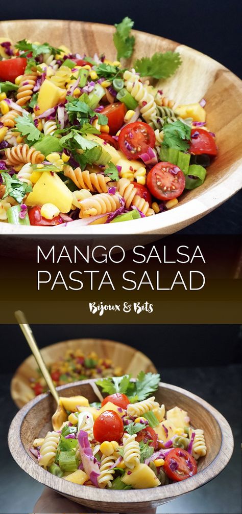 Mango salsa pasta salad from @bijouxandbits Tropical Pasta Salad, Chickpea Mango Salad, Meals With Mango Salsa, Shrimp And Mango Salsa Recipes, Mango Salsa Dinner Recipes, Salsa Pasta, Spicy Mango Salad Thai, Avocado Corn Salsa, Salsa Salad