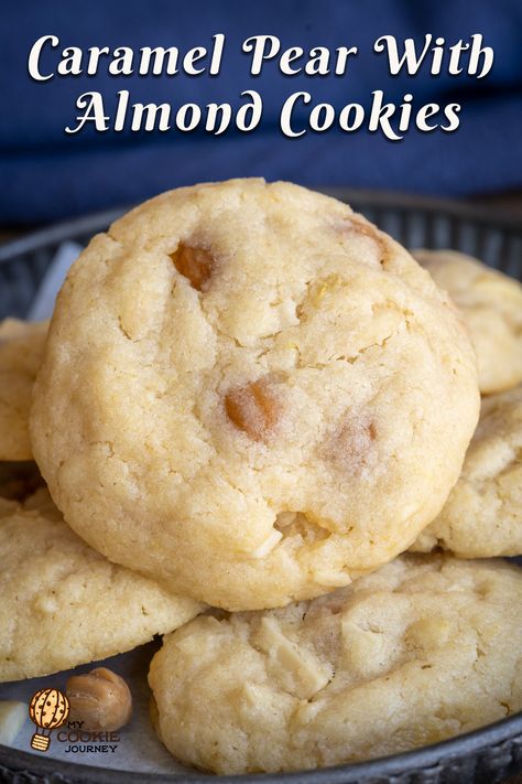 Close up of cookie showing caramel bits and almond showing through the cookie. Fresh Pear Recipes Healthy, Pear Cookies Recipes, Pear Recipes Healthy, Pear Cookies, Fresh Pear Recipes, Pear Caramel, Pear Sauce, Recipe Inspirations, Caramel Pears