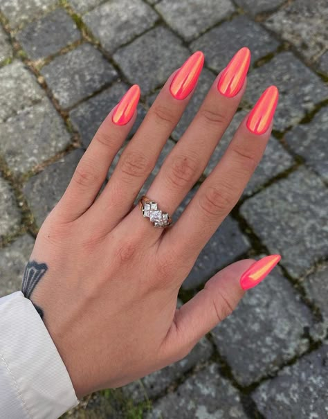 Spring Summer Nails 2024 Trends, Summer Chrome Nails 2024, Bright Chrome Nails, Peach Nails, Chrome Nails Designs, Coral Nails, Trends Nails, 2024 Nails, Inspiration Nails