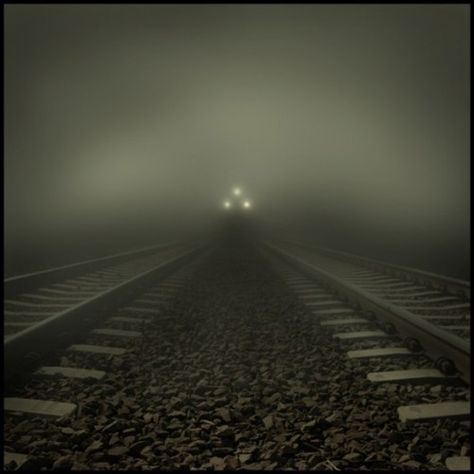 Down the track.  The creepy part, is that the on coming train isn't even on either track. John Howe, Night Circus, Night Train, Old Trains, The Fog, Foto Art, Train Tracks, Pics Art, Picture Light