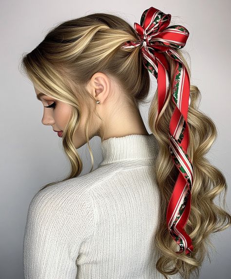 christmas hair Cute Christmas Hairstyles Braids, Christmas Hairstyles Braids, Christmas Ponytail, Cheer Hairstyles, Christmas Hair Ideas, Christmas Gym, Cute Christmas Hairstyles, Low Ponytails, Glamorous Curls