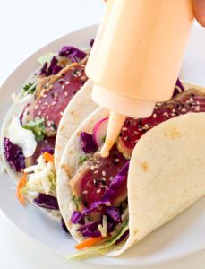 seared-ahi-tuna-tacos Ahi Tuna Tacos, Miso Marinade, Ahi Tuna Recipe, Fish Taco Recipe, Tuna Tacos, Tuna Steak Recipes, Taco Taco, Seared Ahi, Sriracha Mayo