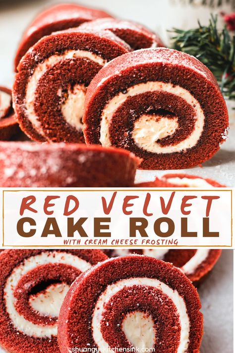 Red Velvet Cake Roll {Gluten-free} | Shuangy's Kitchensink Red Velvet Log Cake, Red Velvet Roll Cake Recipe, Red Velvet Roll Cake, Red Velvet Swiss Roll, Red Velvet Roll, Healthy Red Velvet, Gluten Free Red Velvet Cake, Gluten Free Red Velvet, Red Velvet Cake Roll