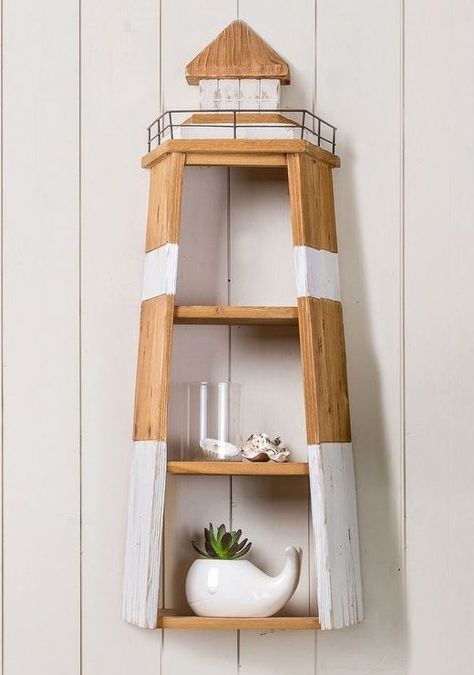 Nautical Wood Lighthouse Wall Shelf | Decorative Wall Shelves Coastal Shelves, Shelf Decor Aesthetic, Wood Lighthouse, Pallet Wood Shelves, Pallet Wall Decor, Pallet Wall Shelves, Aesthetic Wall Decor, Nautical Crafts, Modern Wall Shelf