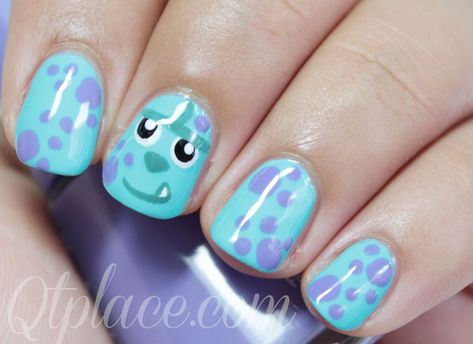 Uñas para hacer Sully Nails, Monster Inc Sully, Simple Disney Nails, Smiley Nails, Disney Nail Designs, Kutek Disney, Monster Inc, Nail Art Disney, Happy Faces