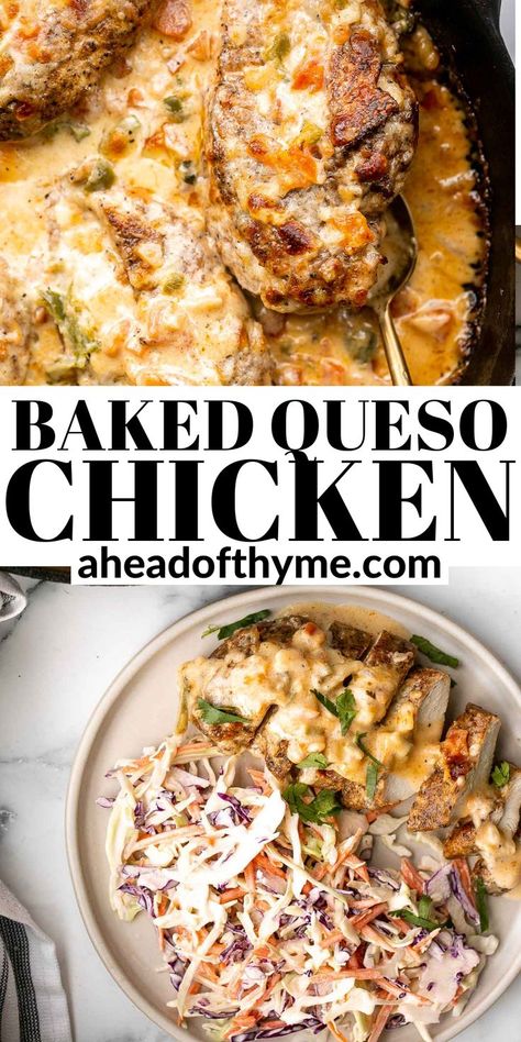 Baked queso chicken is the easy, cheesy, delicious chicken dinner you’ve been looking for. Seared chicken breast is topped with sautéed onions and tomatoes and a generous amount of creamy queso. The best part? This flavorful tender chicken takes just 30 minutes to cook, which make it the perfect dish to make when you are short on time or energy. Hello new favorite weeknight dinner! Plus, it's seriously the best way to use up any leftover queso. | aheadofthyme.com #quesoc... via @aheadofthyme Leftover Queso Ideas, Leftover Queso, Baked Queso, Queso Chicken, Dinner Board, Onions And Tomatoes, Sautéed Onions, Delicious Chicken Dinners, Seared Chicken Breast