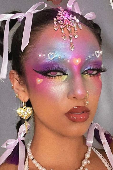 Pink galazy highlighter and eye makeup, bleached brows look with gems and embellishments Heart Aura, Pink Alien, Alien Makeup, Instagram Heart, Pride Makeup, Cool Makeup Looks, Ethereal Makeup, Lovers Day, Unique Makeup