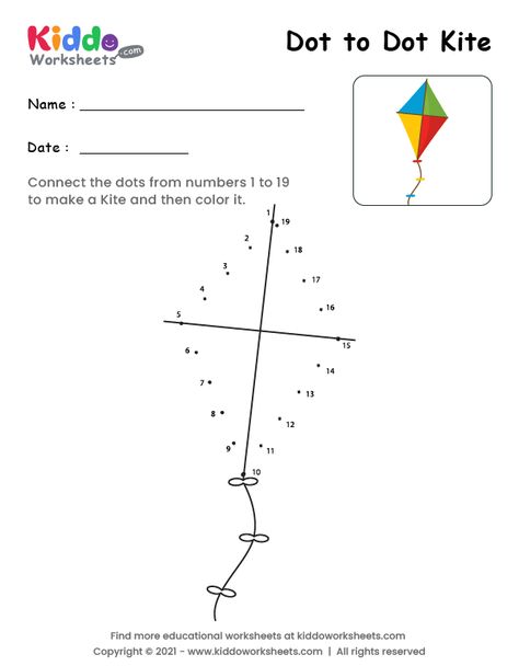 Free Printable Dot to Dot Kite Worksheet - kiddoworksheets Free Printable Dot To Dot, Printable Dot To Dot, Make A Kite, Dot Worksheets, Dot To Dot, Kindergarten Art, Educational Worksheets, Color Worksheets, Learning Numbers